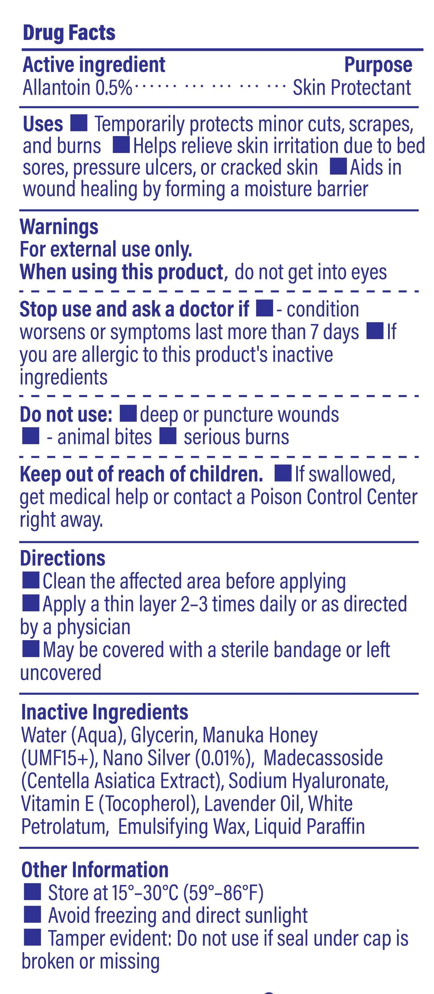 Drug fact label image of TAGRID Pressure Bed Sore Skin Protectant Cream including allantoin 0.5%, ingredients, uses, and warnings for sensitive skin support