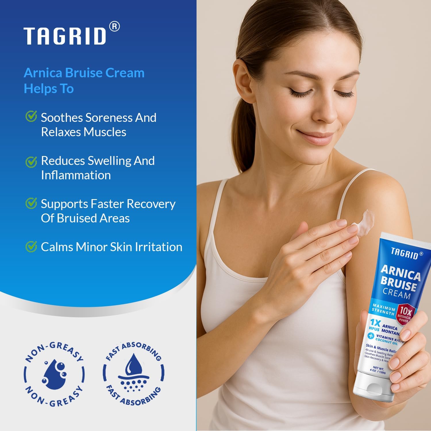 TAGRID Arnica Cream Extra Strength: Fast Pain Relief Arnica Bruise Cream with Vitamin K for Bruising and Swelling on Thin Skin, Joint Pain, Muscle Pain, Soreness (4 Ounce (Pack of 1))