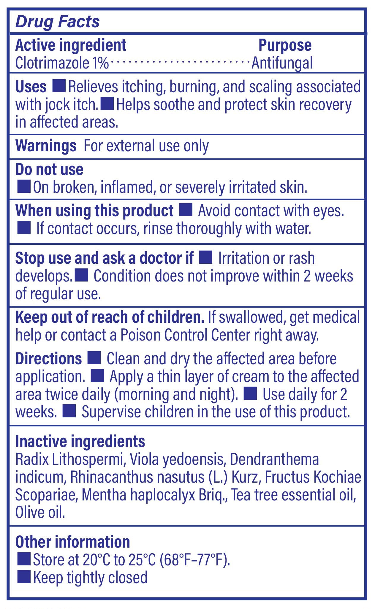 Drug facts label image of TAGRID Jock Itch Cream showing 1% Clotrimazole active ingredient, inactive ingredients, uses, and warnings for antifungal skin care and daily comfort support