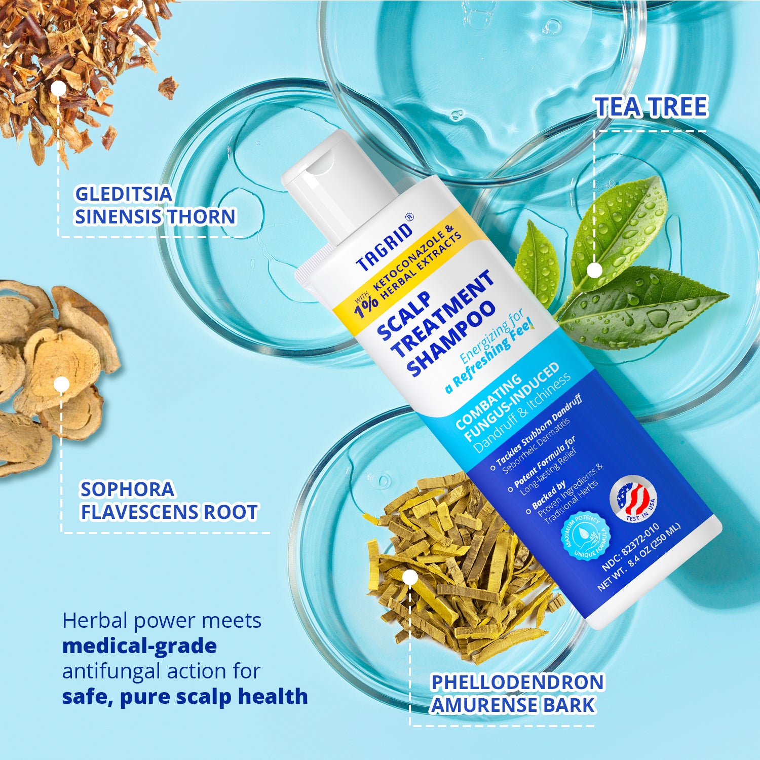 TAGRID 1% Ketoconazole Shampoo enriched with botanical extracts for deep, pure scalp care.