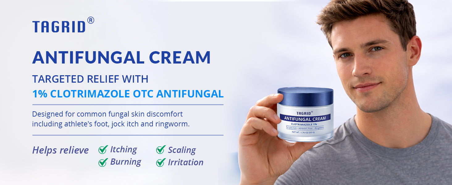 TAGRID Antifungal Cream - Clotrimazole 1% treatment for athlete's foot, jock itch, and ringworm to relieve fungal skin discomfort