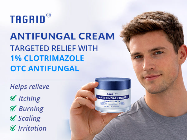 TAGRID Antifungal Cream - Clotrimazole 1% treatment for athlete's foot, jock itch, and ringworm to relieve fungal skin discomfort