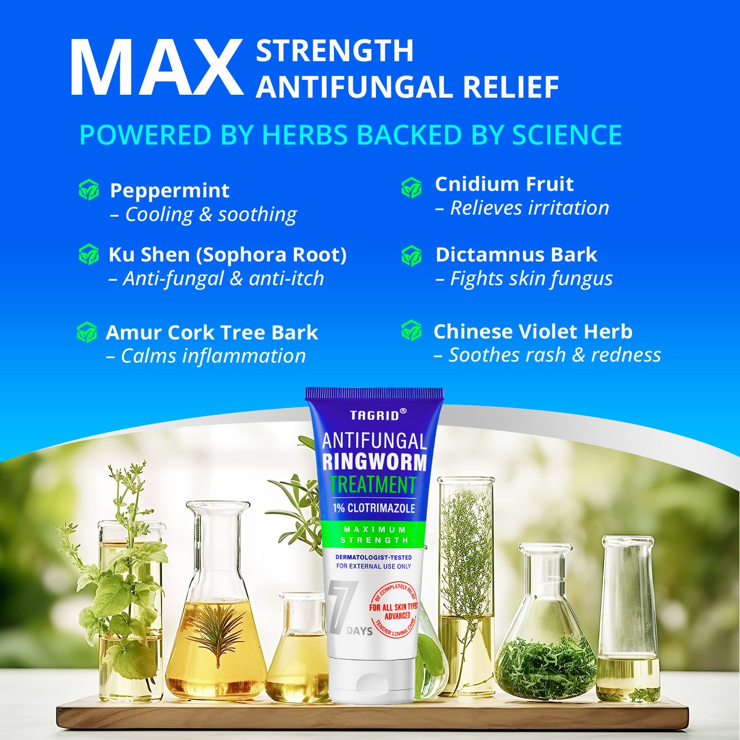 TAGRID Clotrimazole 1% Cream formulated with soothing botanical extracts for natural skin care.