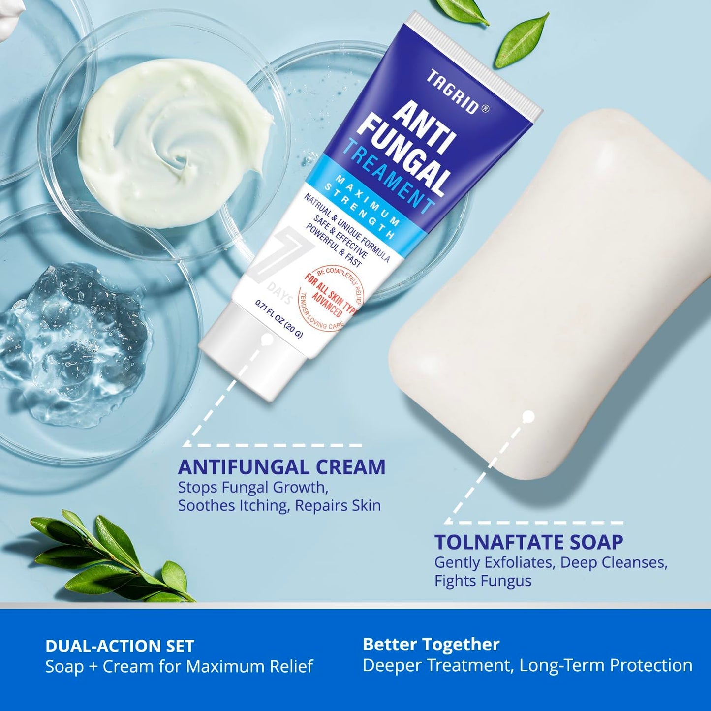dual action antifungal soap and cream kit with tolnaftate antifungal cream and cleansing soap to relieve itching, help prevent fungal growth, and support healthy skin
