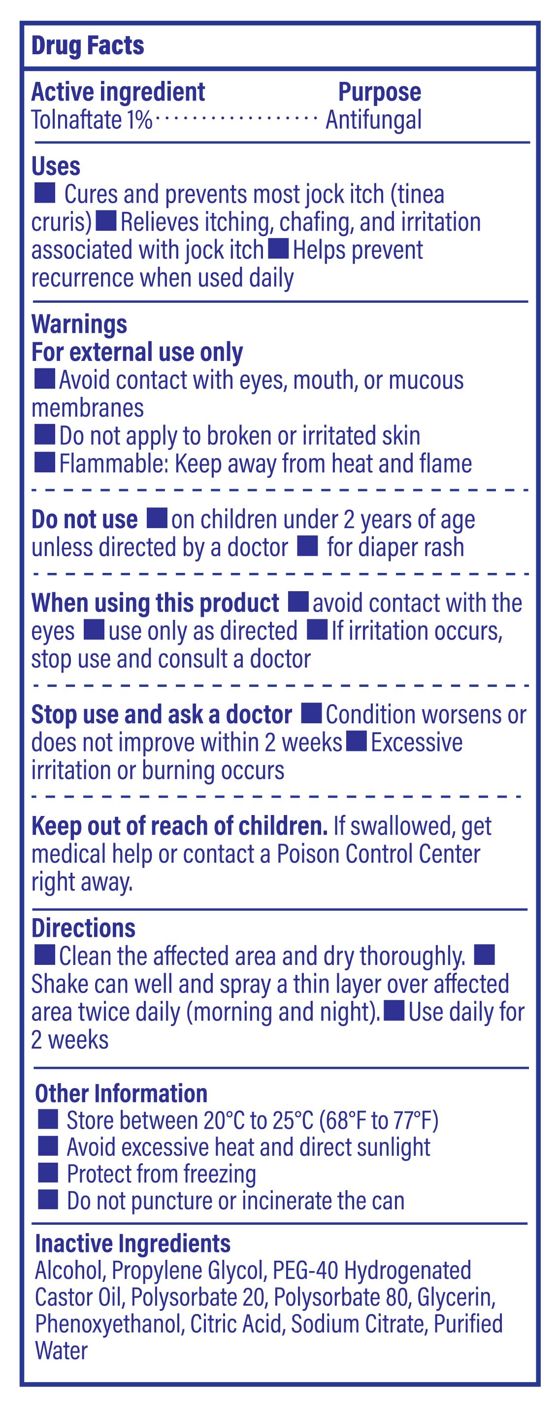 Drug fact label image of TAGRID jock itch antifungal spray tolnaftate 1 % - including  ingredient, uses, and warnings for fast itch relief and fungal infection Relief