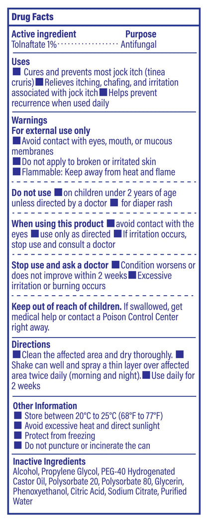 Drug fact label image of TAGRID jock itch antifungal spray tolnaftate 1 % - including  ingredient, uses, and warnings for fast itch relief and fungal infection Relief