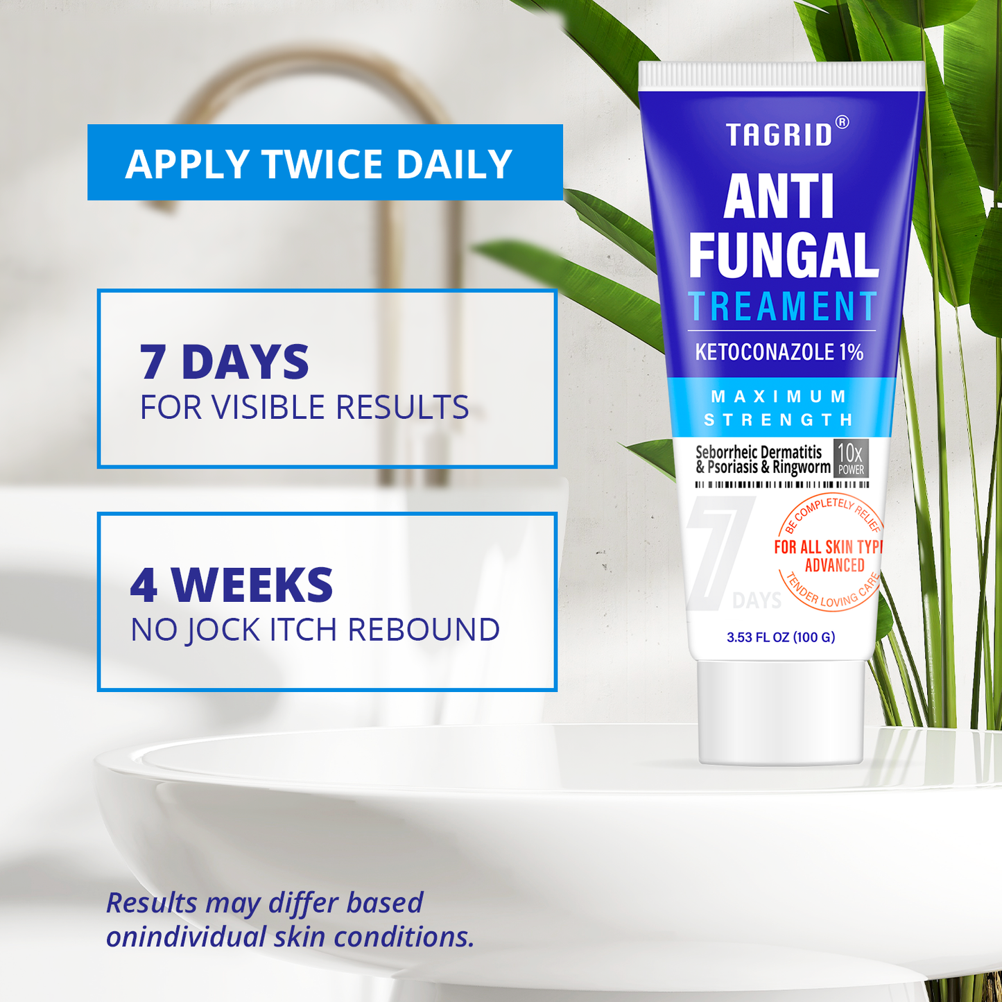 TAGRID Antifungal Treatment - Apply twice daily for visible results in 7 days and no jock itch rebound in 4 weeks