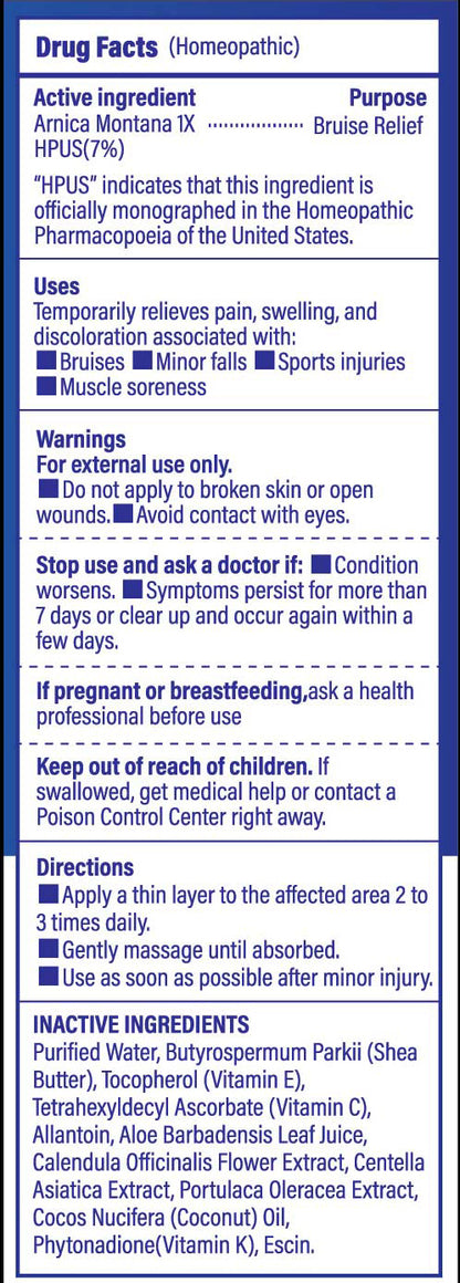 TAGRID Arnica Bruise Cream – Fast Relief for Bruising & Swelling Drug facts label for a homeopathic product with active ingredient Arnica Montana IX.
