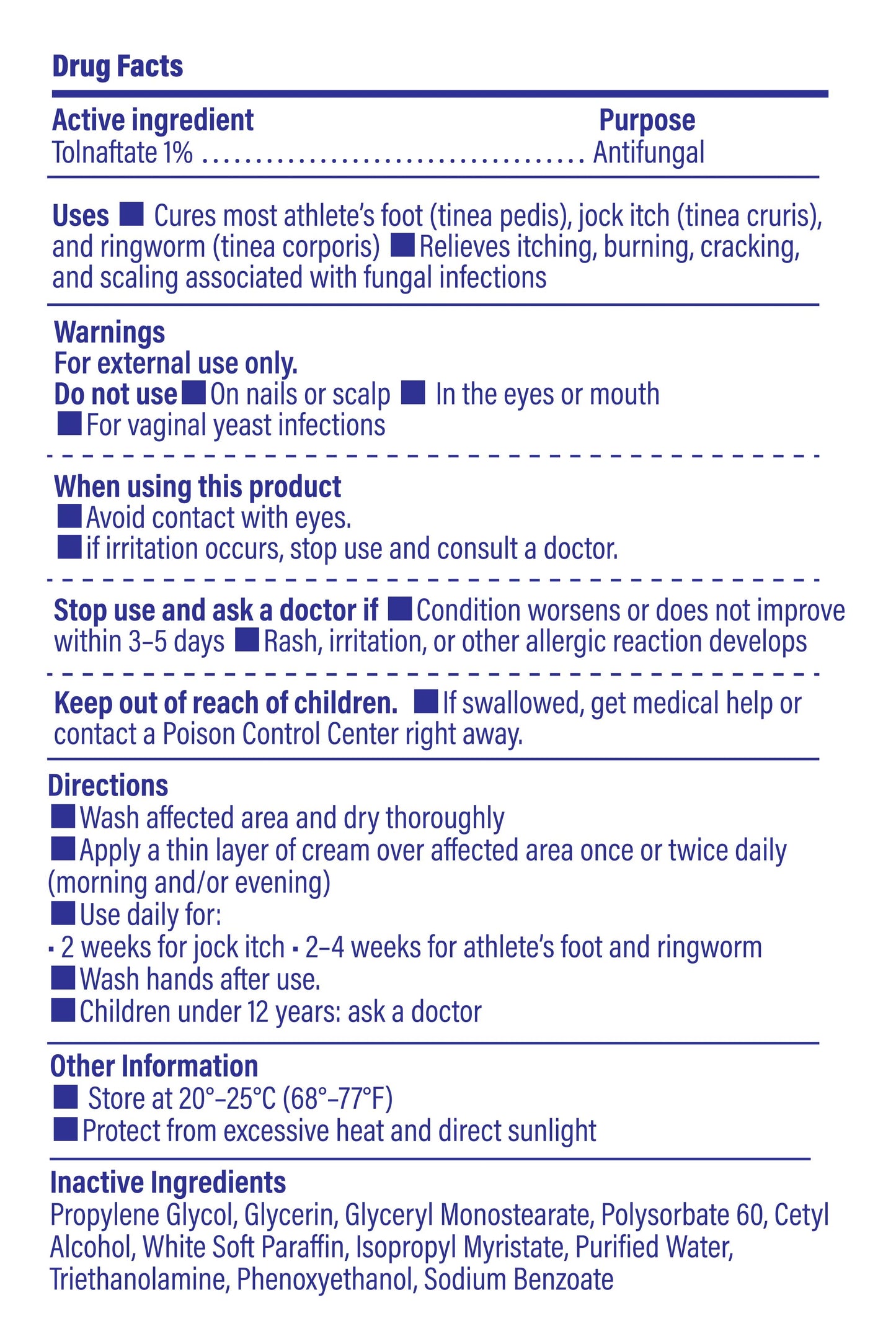Drug fact label image of TAGRID athletes foot antifungal cream with tolnaftate 1% - including ingredient, uses, and warnings, for relieving itching and supports healthy skin on feet