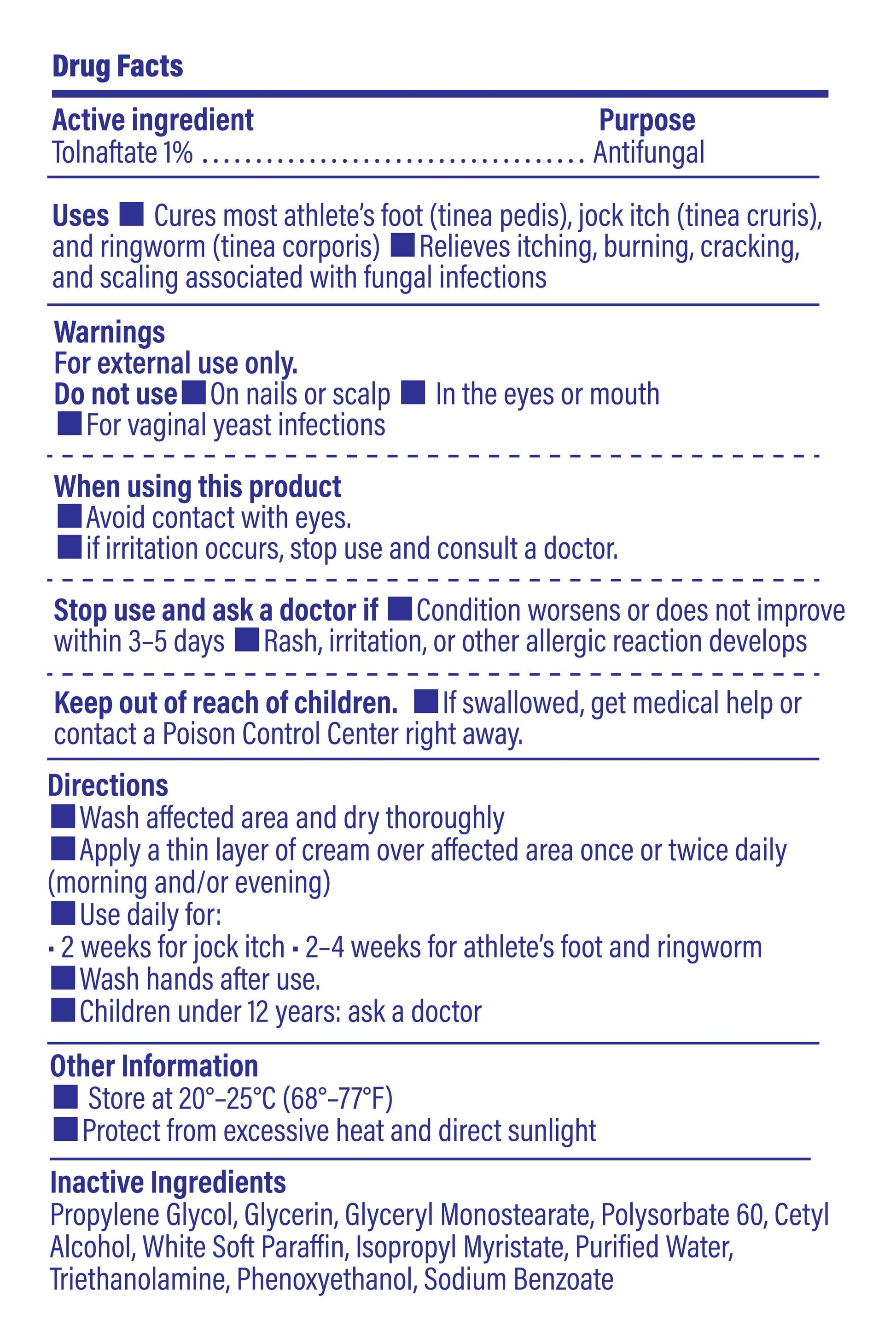 Drug fact label image of TAGRID athletes foot antifungal cream with tolnaftate 1% - including ingredient, uses, and warnings, for relieving itching and supports healthy skin on feet