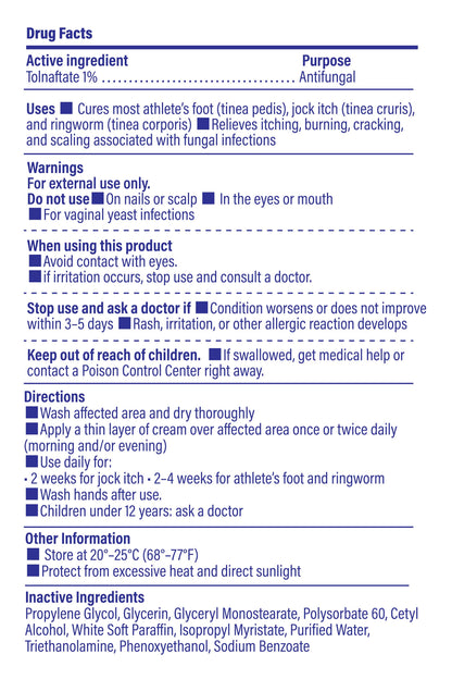 Drug fact label image of TAGRID athletes foot antifungal cream with tolnaftate 1% - including ingredient, uses, and warnings, for relieving itching and supports healthy skin on feet