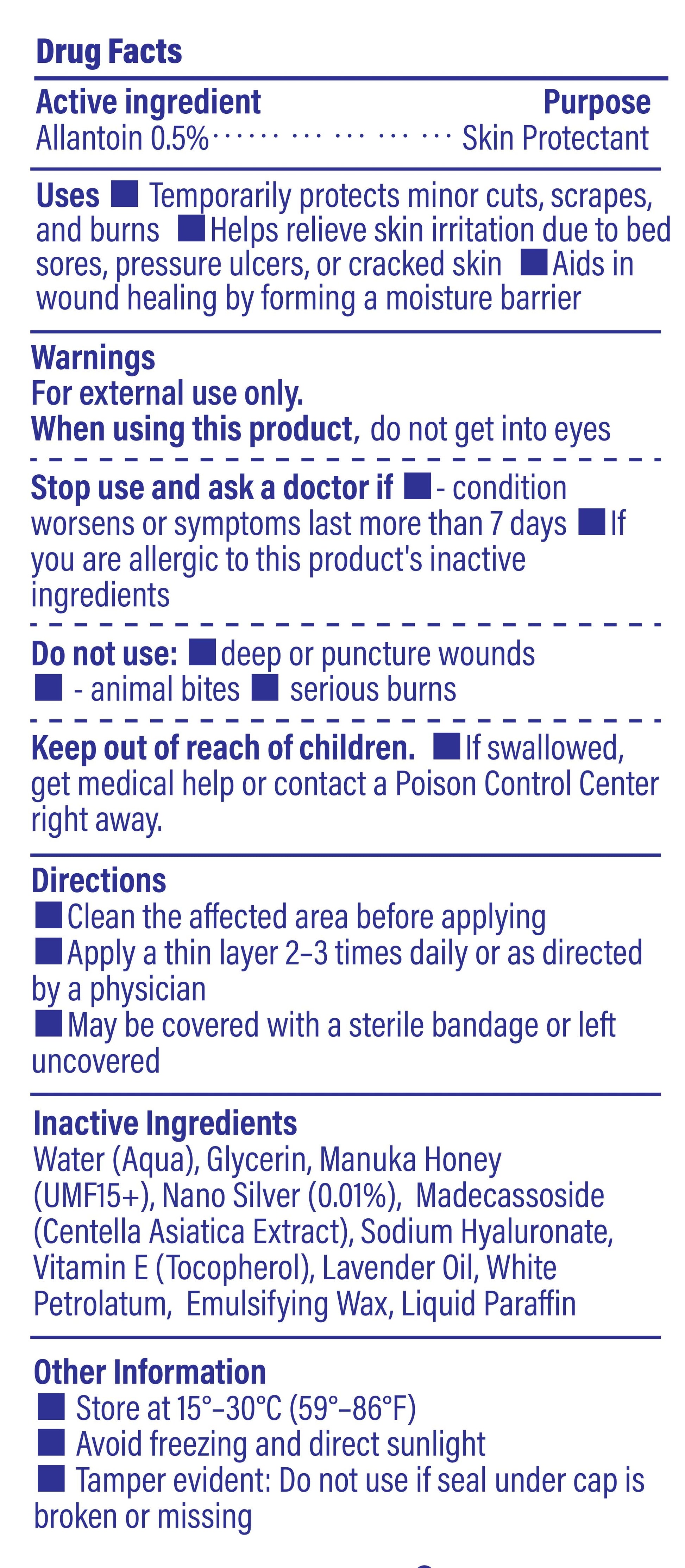 Drug fact label image of TAGRID Pressure Bed Sore Skin Protectant Cream including allantoin 0.5%, ingredients, uses, and warnings for sensitive skin support