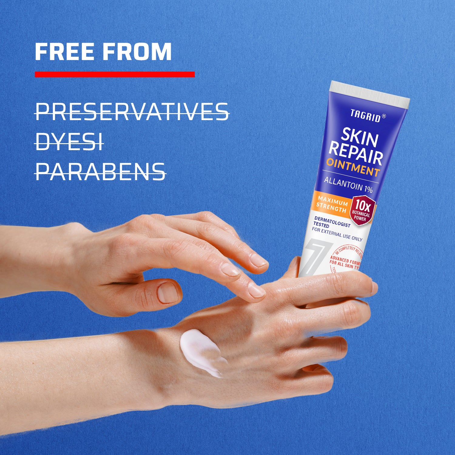 TAGRID Skin Repair Ointment with 1% Allantoin, free from preservatives, dyes, and parabens. Dermatologist-tested formula with botanical ingredients for sensitive skin. 1 oz.