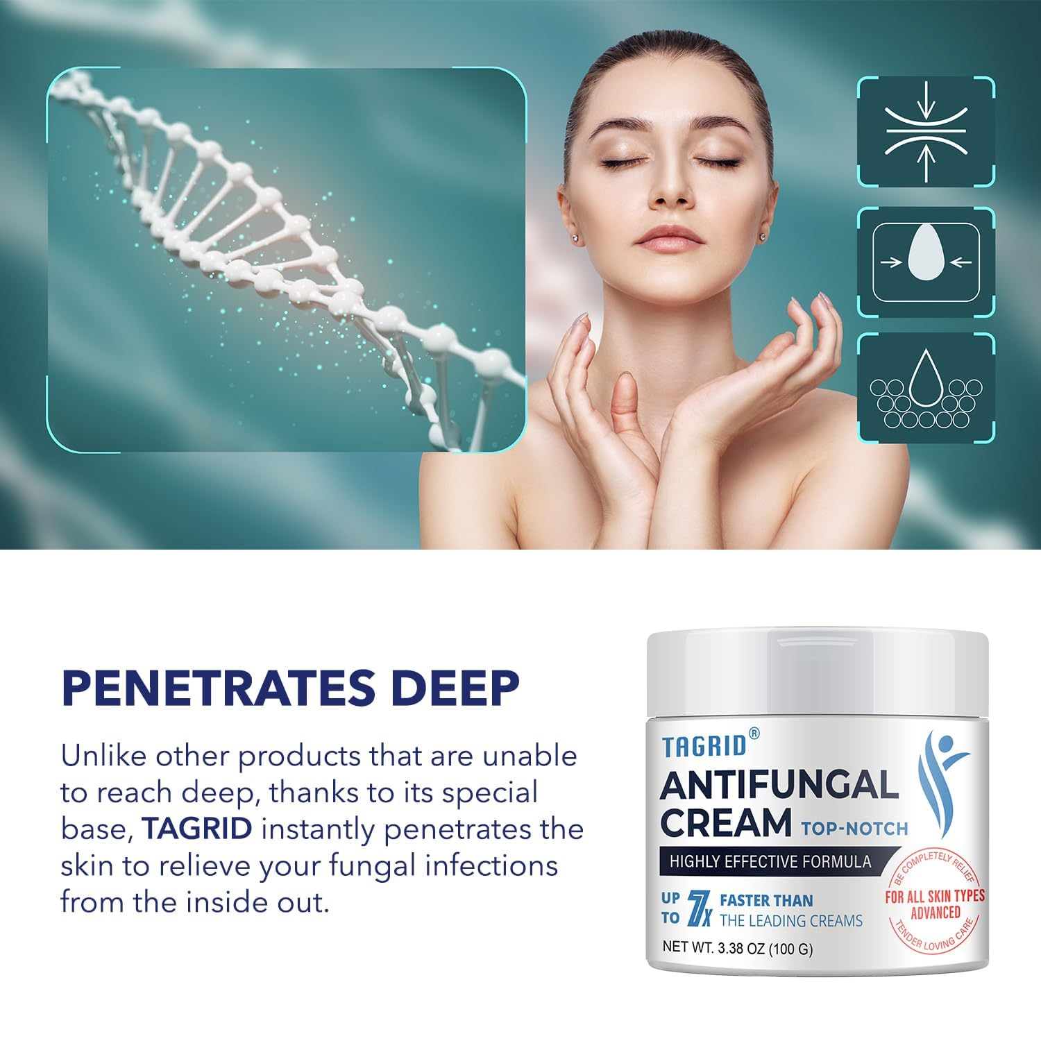TAGRID antifungal cream deep penetrating formula with clotrimazole 1 percent supports skin absorption and helps improve skin comfort and balance