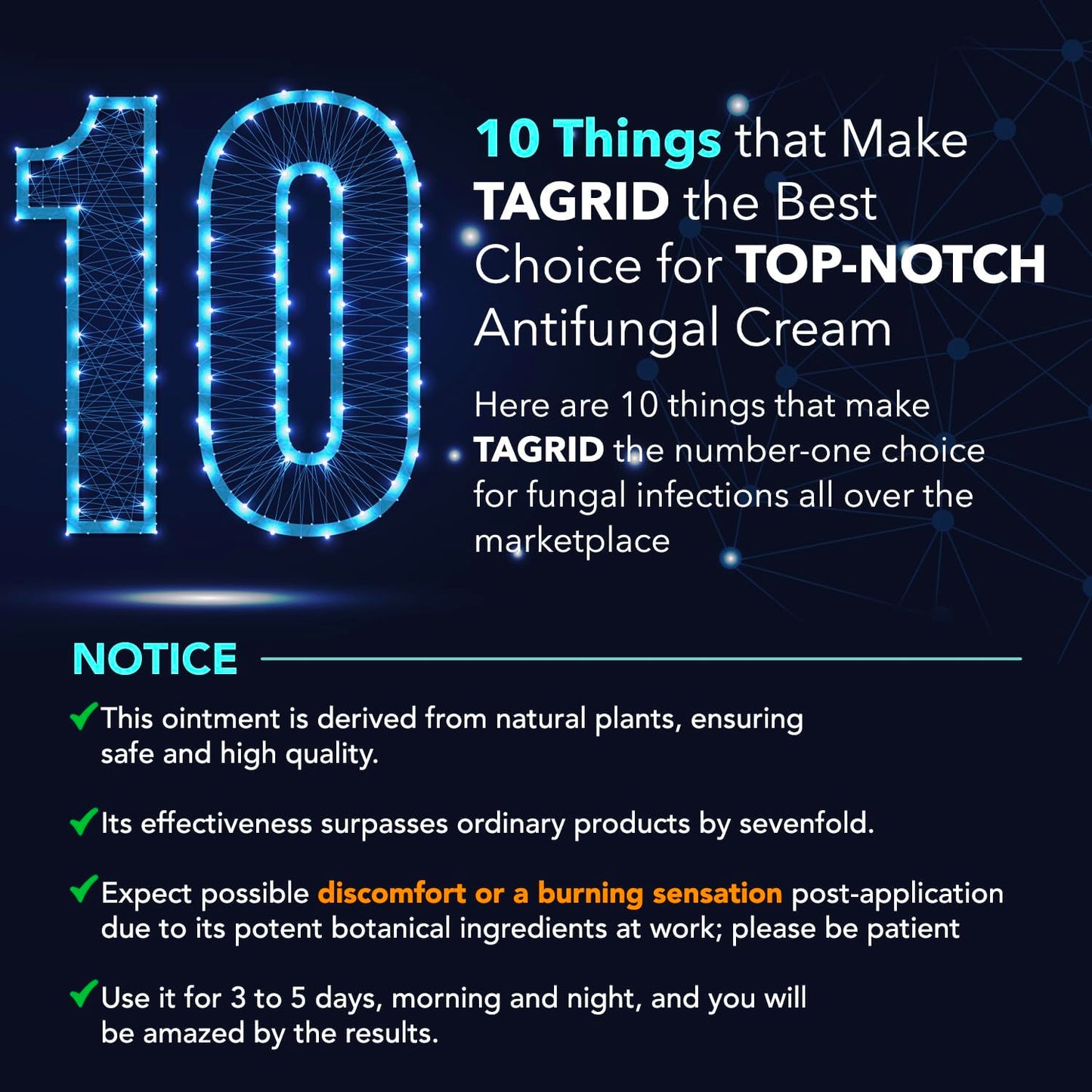 TAGRID antifungal cream key benefits overview highlighting skin support features with clotrimazole 1 percent for daily care and improved skin comfort