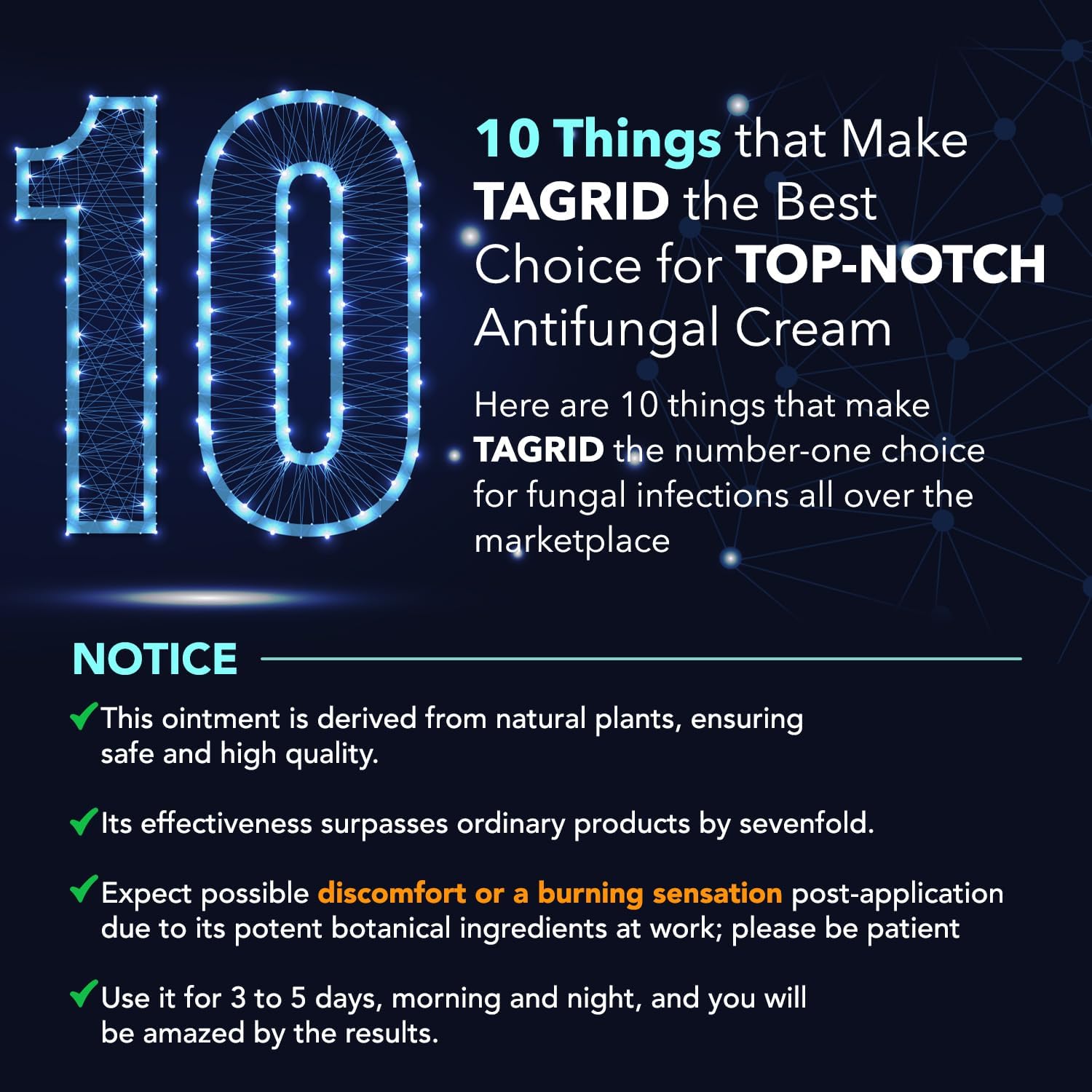 TAGRID antifungal cream key benefits overview highlighting skin support features with clotrimazole 1 percent for daily care and improved skin comfort