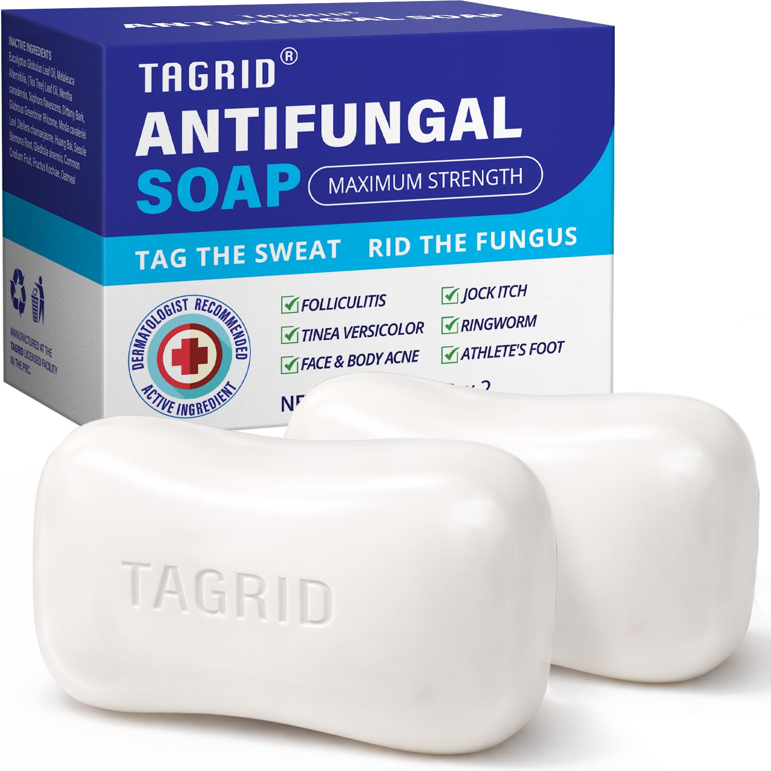 TAGRID antifungal soap 2 pack with dual bars formulated with tea tree oil and oatmeal for daily cleansing and long lasting use