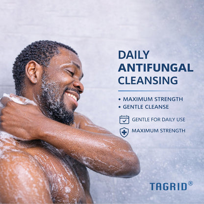 man using TAGRID antifungal soap during shower for daily cleansing helps maintain clean and healthy skin environment