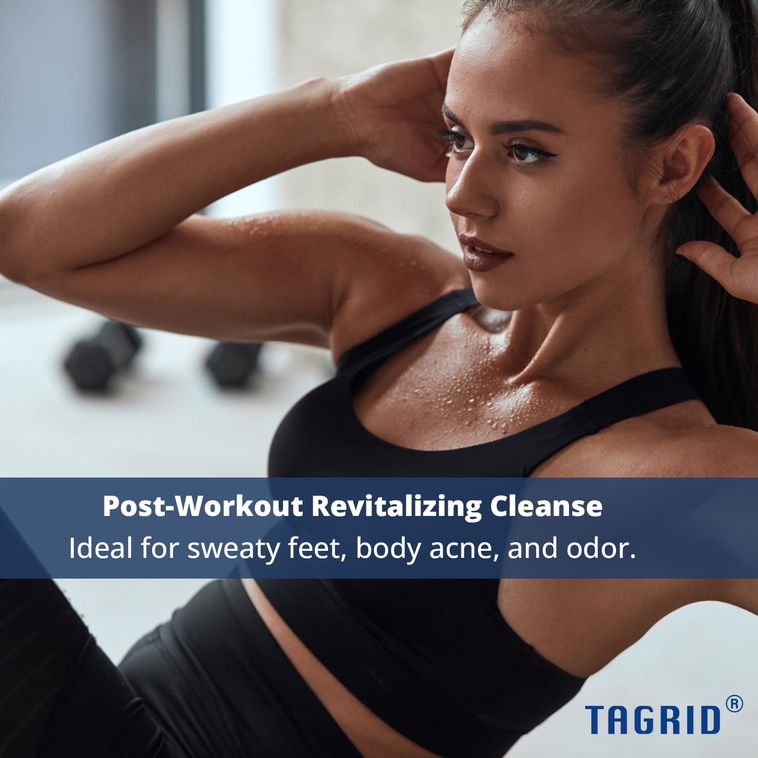 woman after workout using TAGRID antifungal soap for post exercise cleansing helps maintain fresh and clean skin after sweating