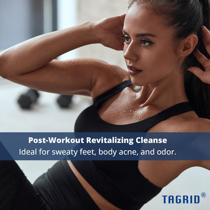 woman after workout using TAGRID antifungal soap for post exercise cleansing helps maintain fresh and clean skin after sweating