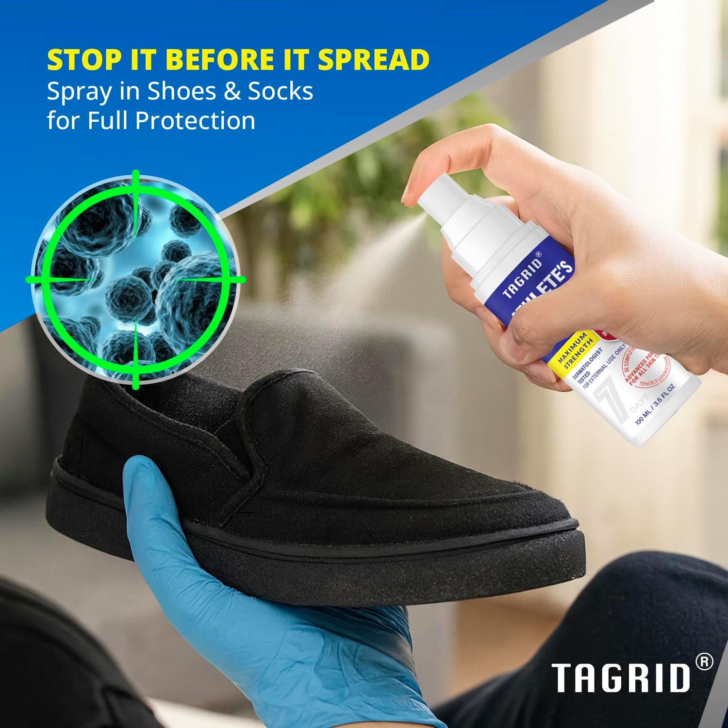 TAGRID antifungal foot spray for shoes and socks helps prevent fungus spread and provides odor control and athlete’s foot protection
