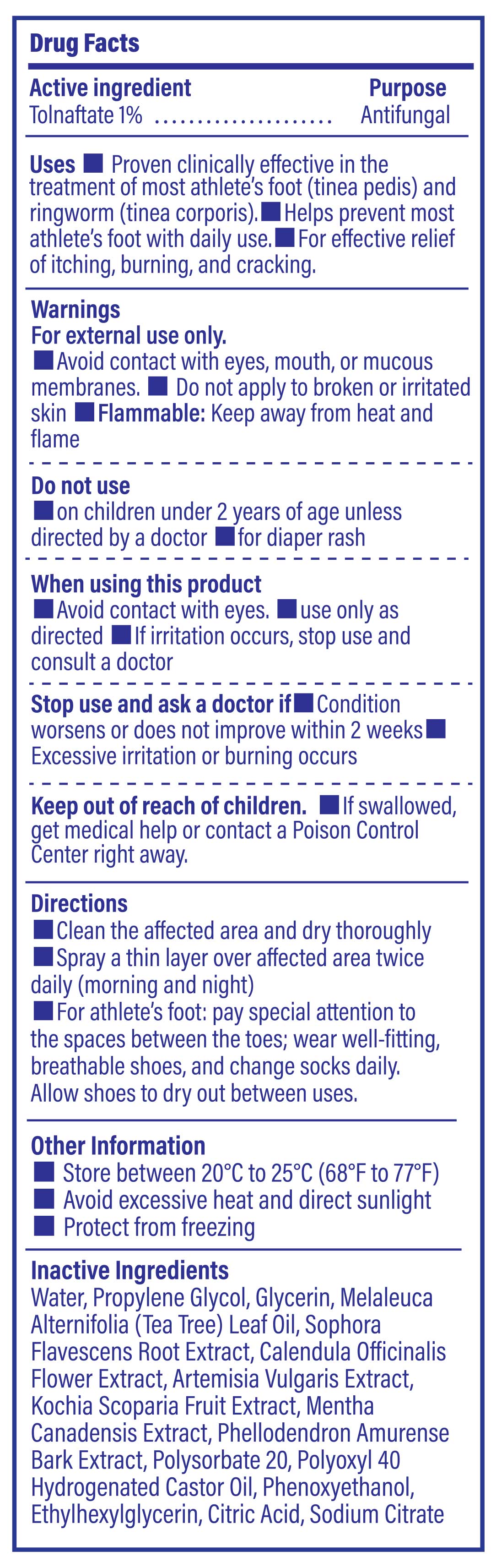 Drug fact label image of TAGRID athletes foot antifungal spray showing 1% tolnaftate active ingredient, uses, and warnings for supports relief of itching burning and irritation for daily foot care use