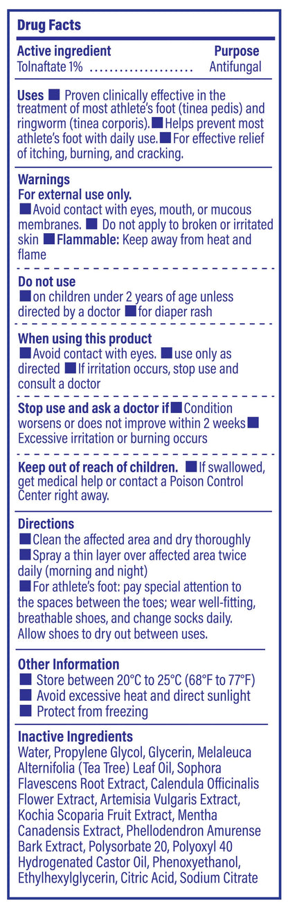 Drug fact label image of TAGRID athletes foot antifungal spray showing 1% tolnaftate active ingredient, uses, and warnings for supports relief of itching burning and irritation for daily foot care use