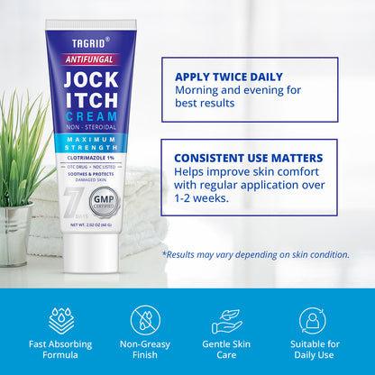 TAGRID jock itch cream with clotrimazole 1 percent shows twice daily application guidance for consistent skin comfort support
