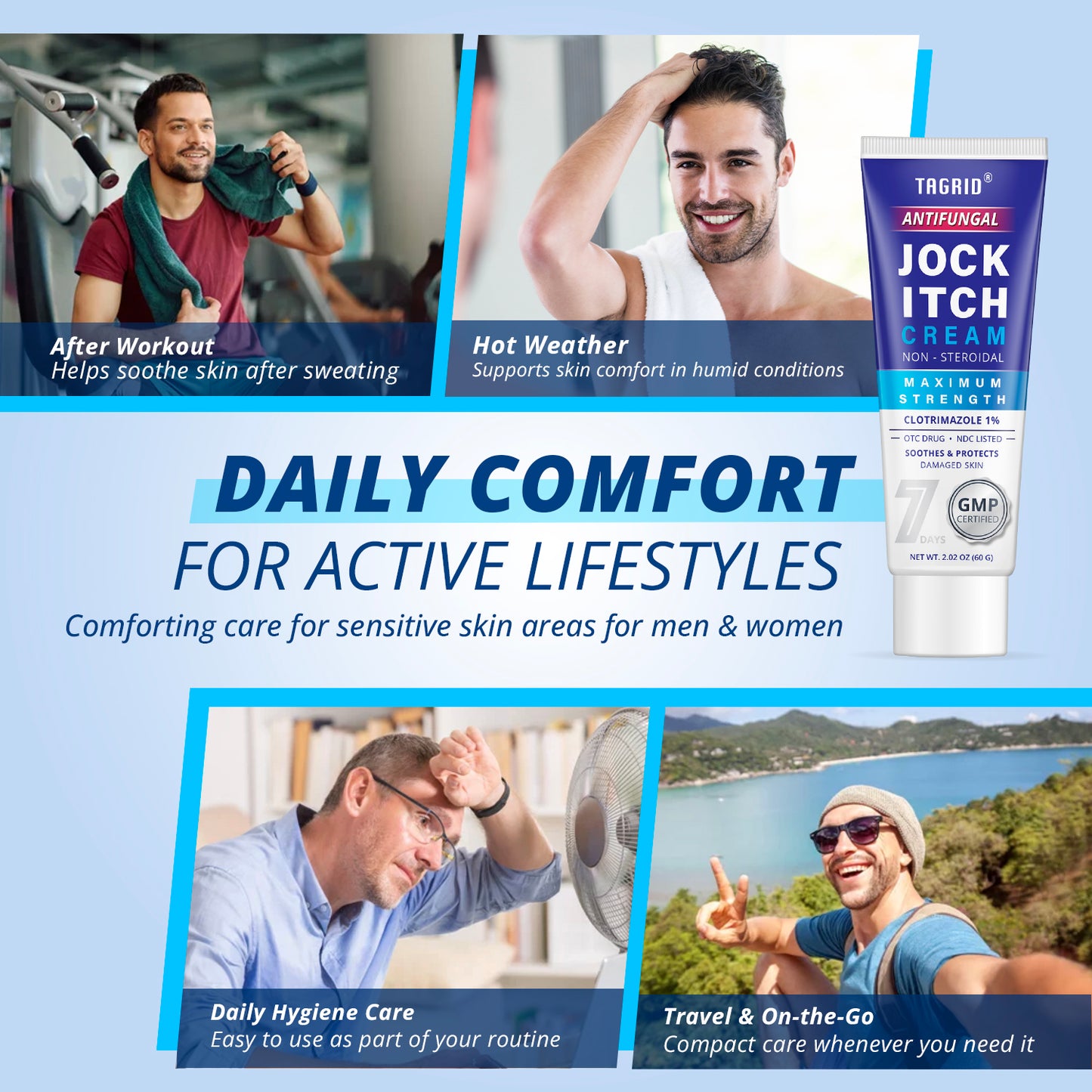 TAGRID jock itch cream with clotrimazole 1 percent supports daily comfort for active lifestyles and sensitive skin areas