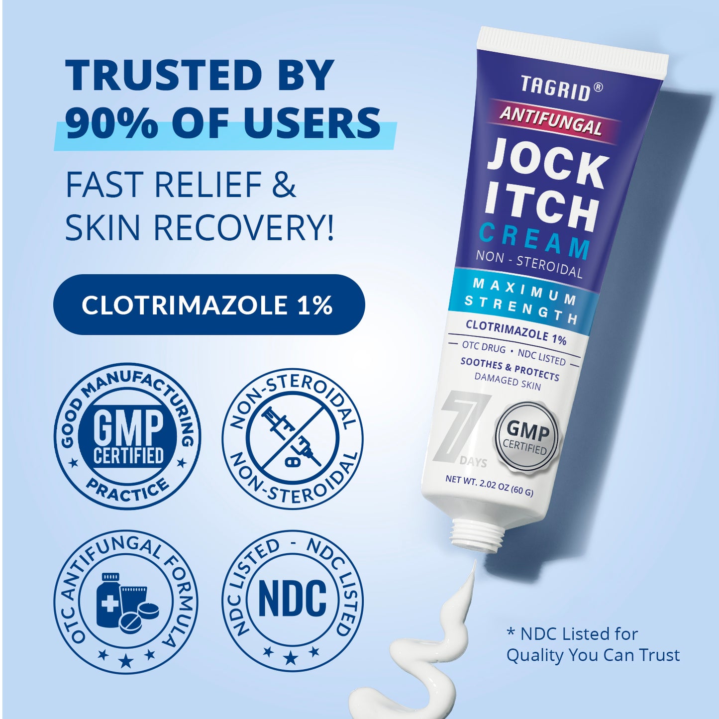 TAGRID jock itch cream with clotrimazole 1 percent supports relief of itching and helps improve skin comfort and recovery with regular use