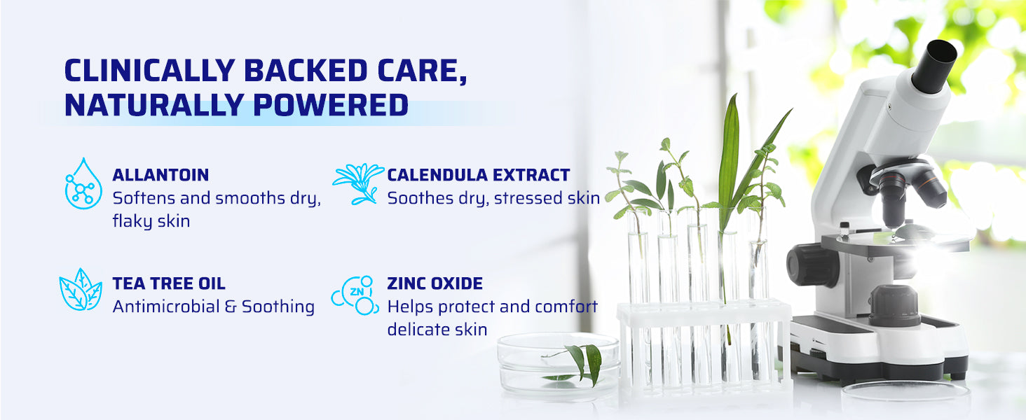 TAGRID Skin Repair Ointment with allantoin 1% and botanical ingredients including calendula extract tea tree oil and zinc oxide shown with lab setting highlighting soothing and skin protecting formula