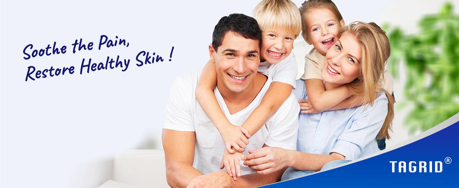 family smiling together representing skin comfort and relief while using TAGRID Skin Repair Ointment for soothing irritated sensitive skin and supporting healthy looking skin