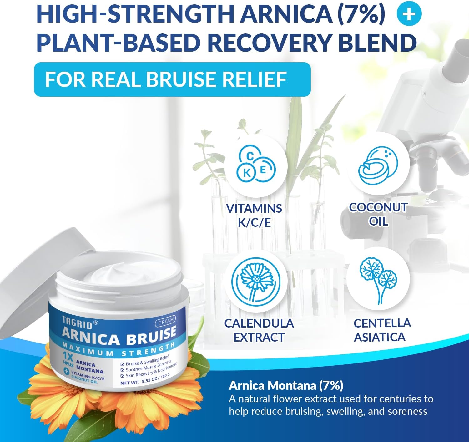TAGRID Arnica Bruise - High strength Arnica (7%) and plant-based soothing blend for real bruise relief. Contains vitamins and coconut oil for added skin benefits.