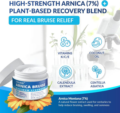TAGRID Arnica Bruise - High strength Arnica (7%) and plant-based soothing blend for real bruise relief. Contains vitamins and coconut oil for added skin benefits.
