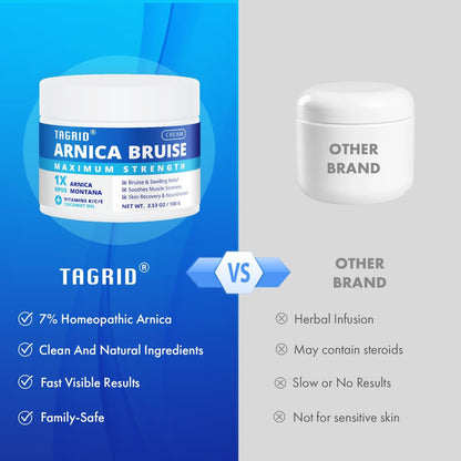 TAGRID Arnica Bruise vs Other Brand - Comparison of ingredients and effectiveness. TAGRID offers 7% Arnica, natural ingredients, and fast visible results, while other brands may contain steroids and show slower results.
