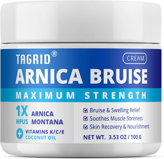 TAGRID Arnica Bruise Cream 3.53oz jar and packaging formula for skin comfort. Contains vitamins K, C, E and coconut oil for skin recovery.