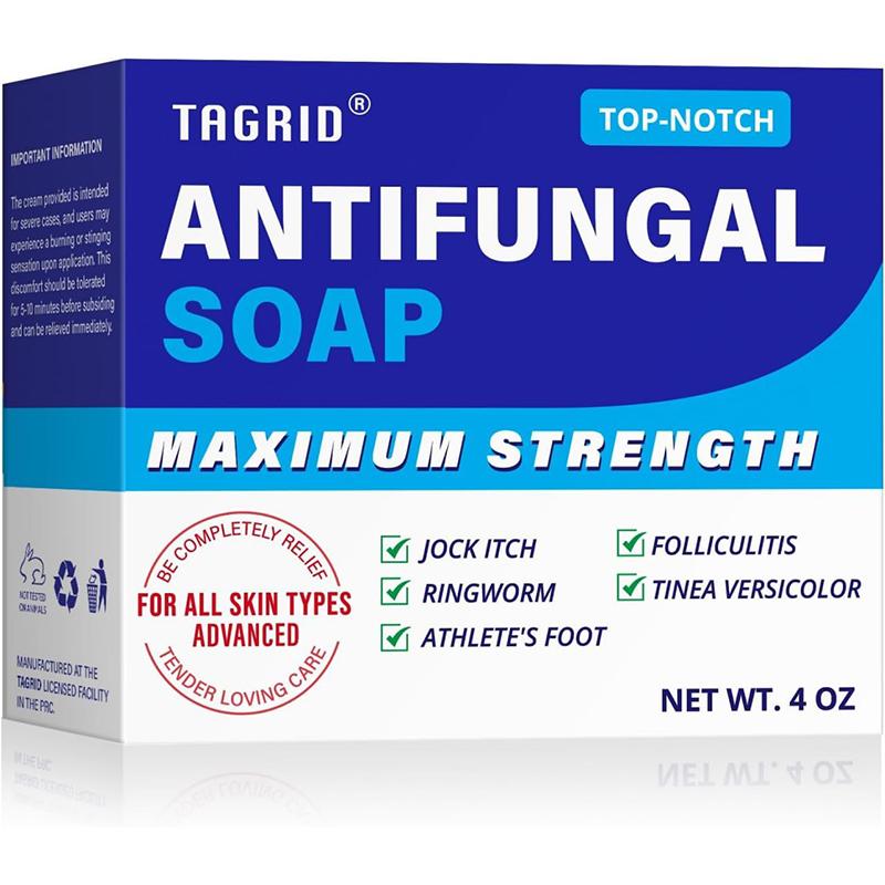 Box of Tagrid Antifungal Soap with blue and white design