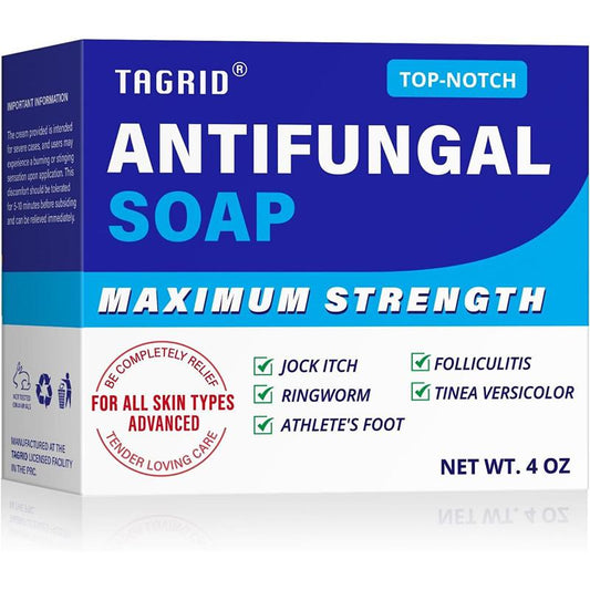 Box of Tagrid Antifungal Soap with blue and white design