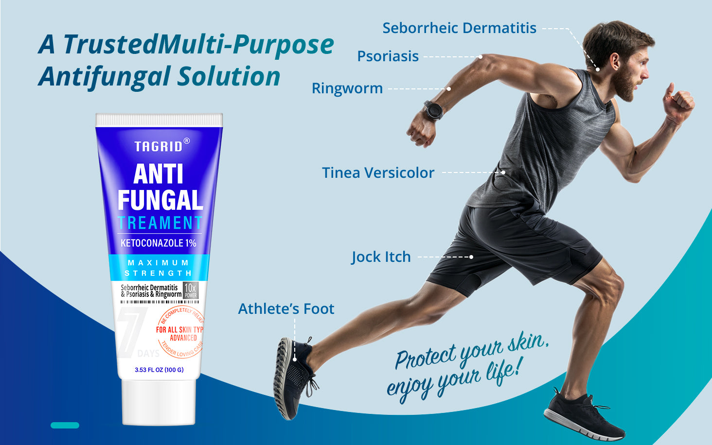 TAGRID antifungal cream ketoconazole 1% 100g multi purpose treatment, for ringworm jock itch, athletes foot tinea versicolor and seborrheic dermatitis for daily body use