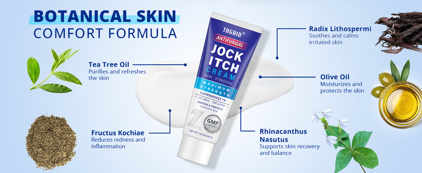 Tagrid Antifungal jock itch cream with clotrimazole 1% and tea tree oil botanical ingredients helps soothe irritated skin and support skin comfort