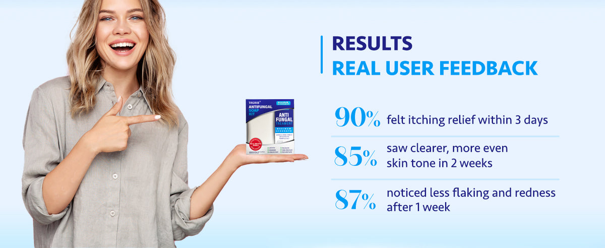 TAGRID antifungal soap and cream kit with user feedback results, helps improve skin appearance and reduce itching redness and flaking, suitable for daily skin care routine and sensitive skin support