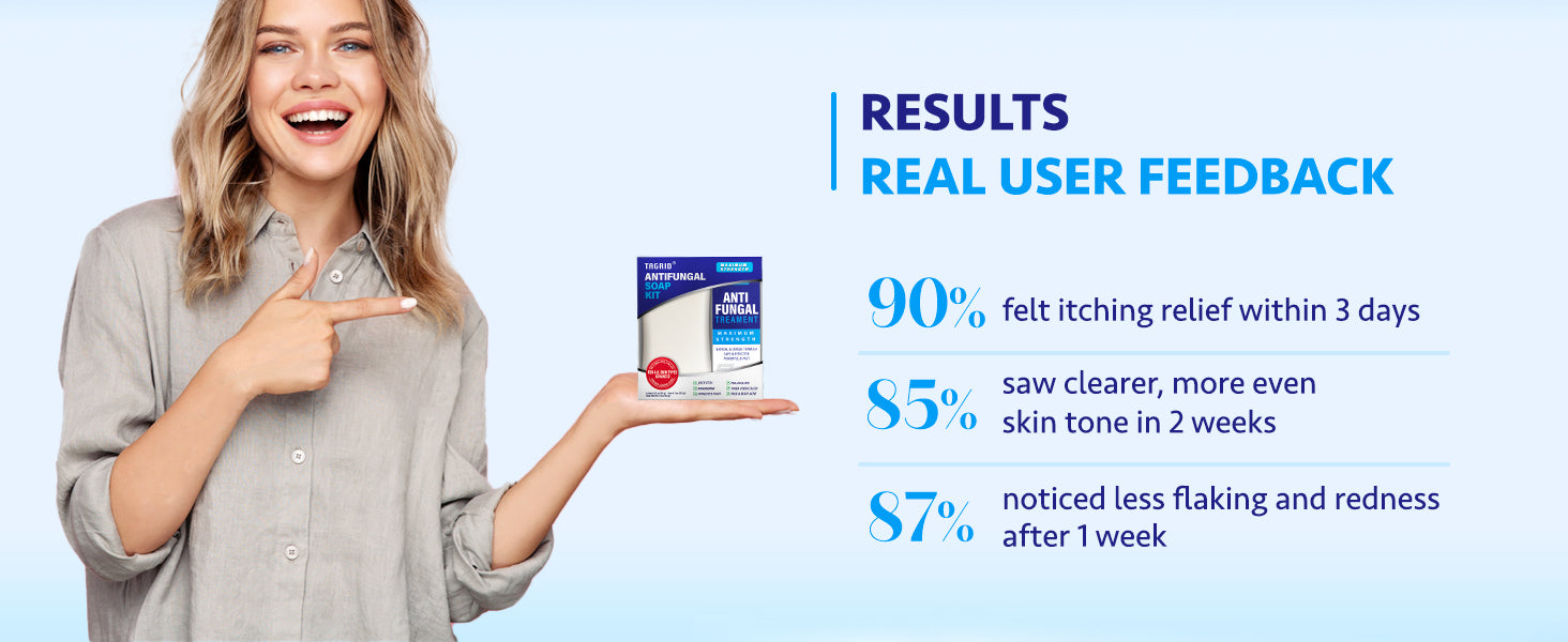 TAGRID antifungal soap and cream kit with user feedback results, helps improve skin appearance and reduce itching redness and flaking, suitable for daily skin care routine and sensitive skin support