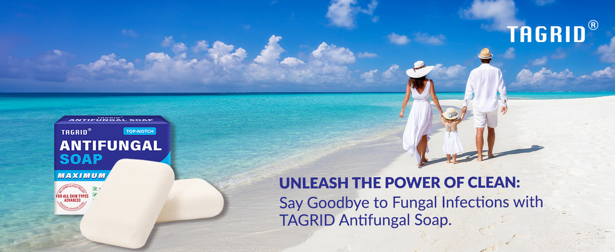 TAGRID antifungal soap for daily skin cleansing, supports clean fresh skin for active lifestyle, helps maintain hygiene and comfort for people prone to fungal irritation, beach lifestyle scene