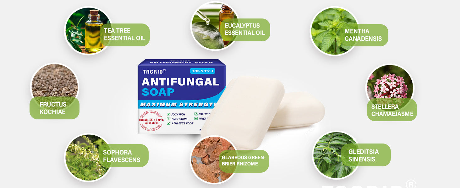 TAGRID antifungal soap with tea tree oil eucalyptus oatmeal and botanical extracts, supports skin cleansing and helps soothe irritation, natural ingredient formula for daily skin care