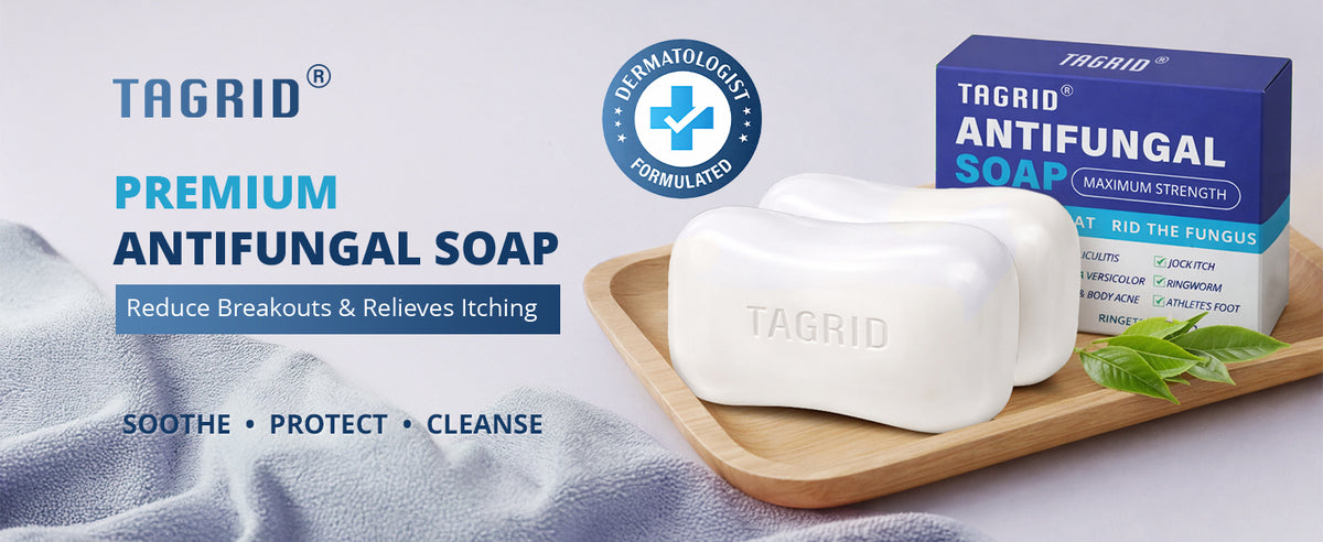 TAGRID antifungal soap bar with tea tree oil and oatmeal, premium cleansing formula helps relieve itching and irritation, supports healthy skin with gentle daily cleansing for body and face use
