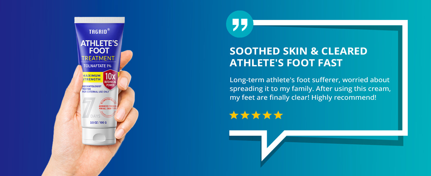 TAGRID athletes foot treatment with tolnaftate 1 antifungal cream customer review shows improved foot fungus condition with clearer skin and reduced itching, burning and discomfort after consistent use