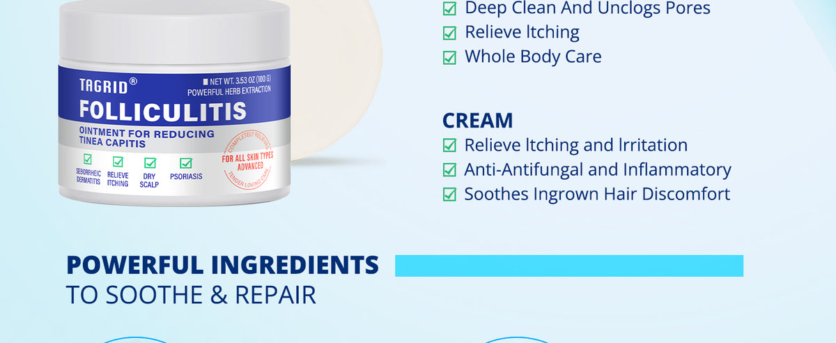 tagrid folliculitis relief cream, anti fungal ointment for itching irritation, soothes ingrown hair and redness, powerful herbal ingredients for skin repair, scalp and body care
