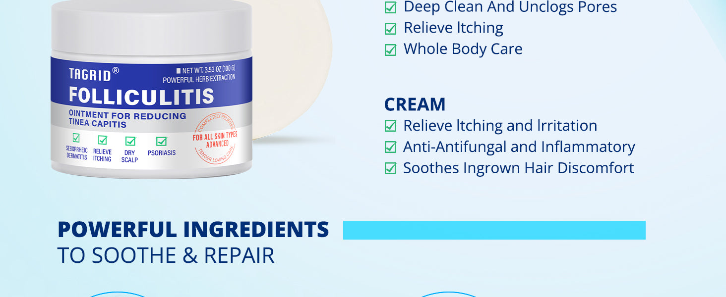 tagrid folliculitis relief cream, anti fungal ointment for itching irritation, soothes ingrown hair and redness, powerful herbal ingredients for skin repair, scalp and body care
