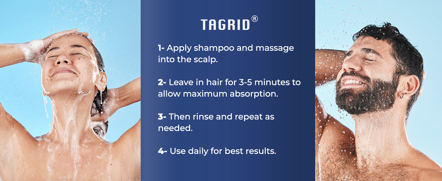 TAGRID ketoconazole shampoo how to use, apply and massage into scalp, leave for several minutes then rinse, supports dandruff control and itchy scalp relief routine